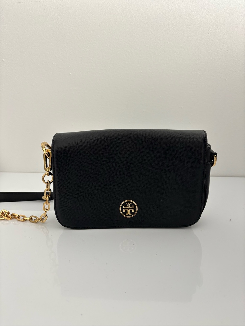 Tory Burch Black Leather Crossbody with Gold Chain Accent